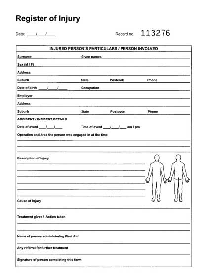 Register of Injuries Pad